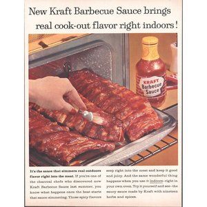 1960 Kraft Barbecue Sauce Vintage Print Ad Babyback Ribs Rack BBQ Wall Art 60s